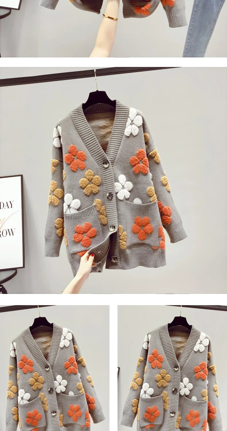 Floral Knitted V-neck Sweater Cardigan