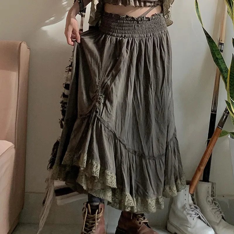 Shirring Tie-Up Lace Trim Long Skirt