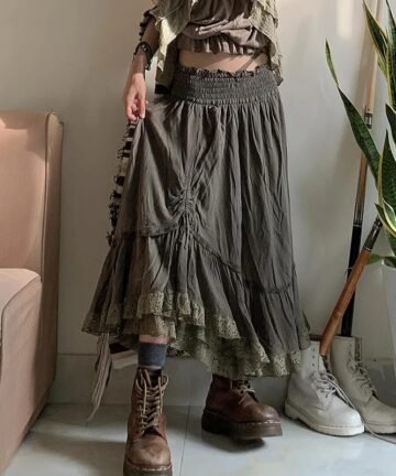 Shirring Tie-Up Lace Trim Long Skirt