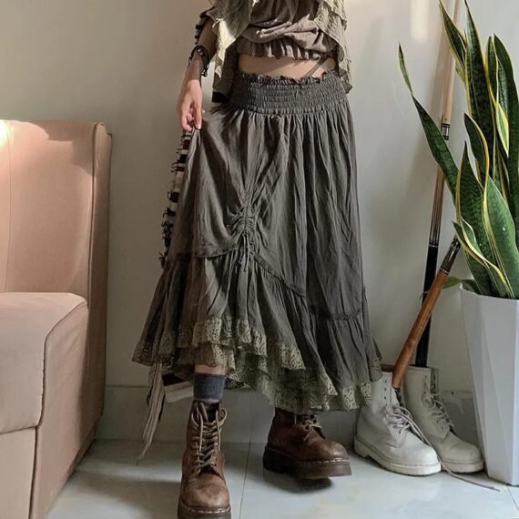 Shirring Tie-Up Lace Trim Long Skirt