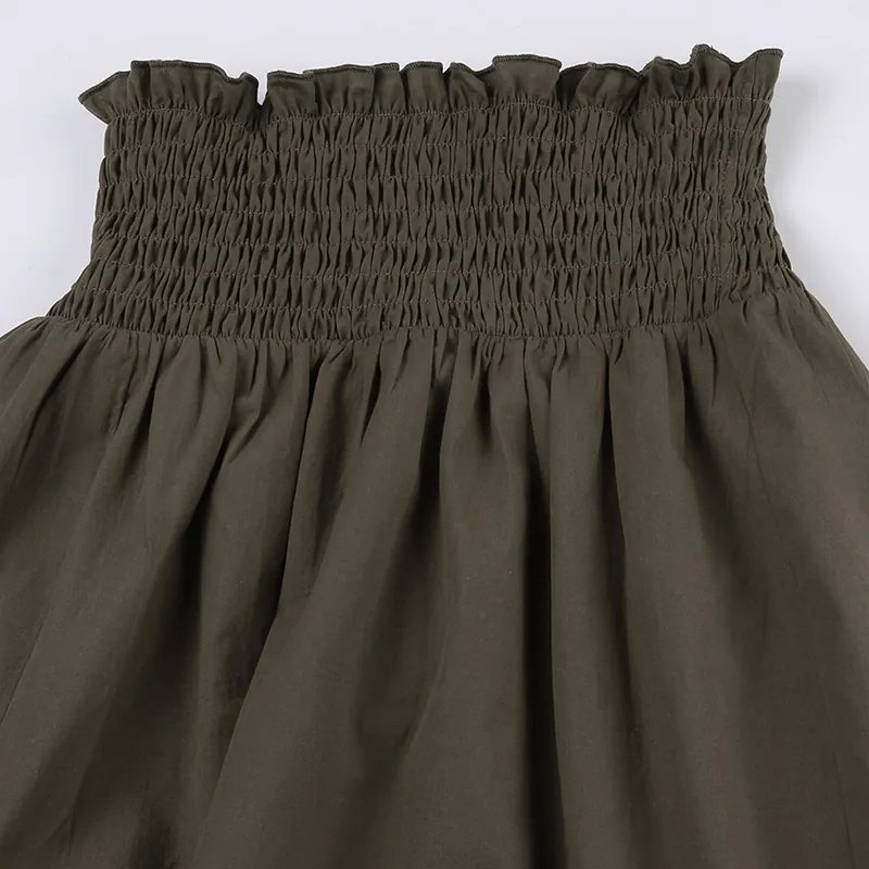 Shirring Tie-Up Lace Trim Long Skirt