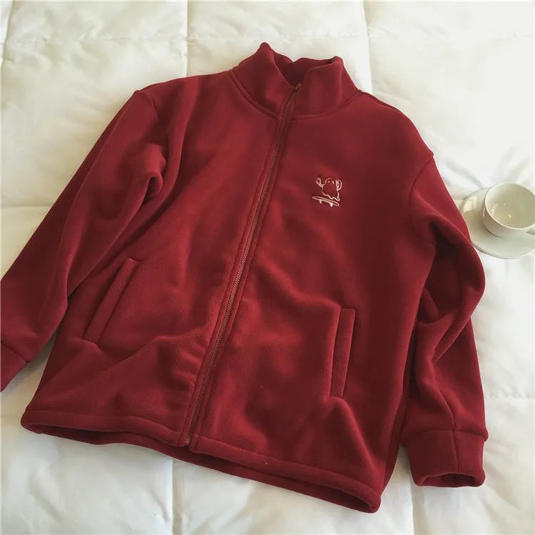 Embroidery Zip Up Hoodie Fleece Jacket