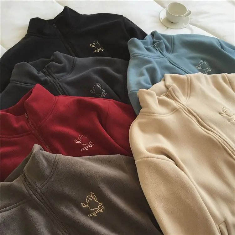 Embroidery Zip Up Hoodie Fleece Jacket
