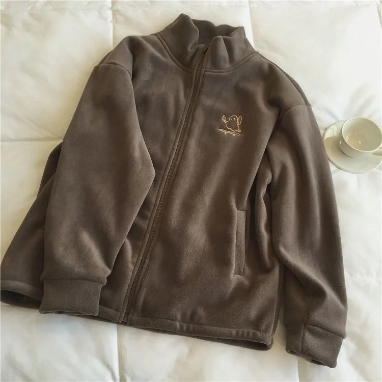 Embroidery Zip Up Hoodie Fleece Jacket