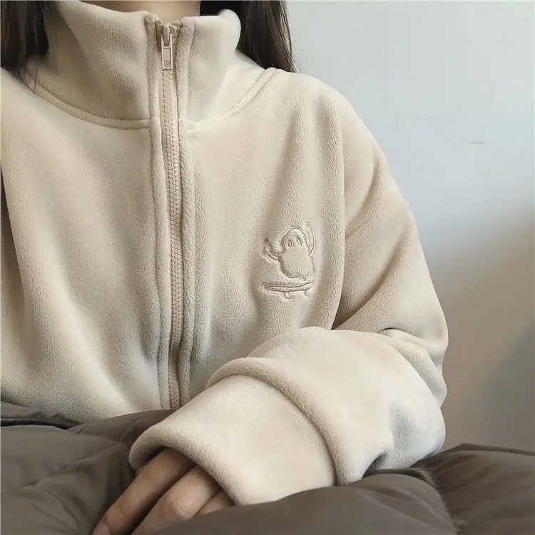 Embroidery Zip Up Hoodie Fleece Jacket