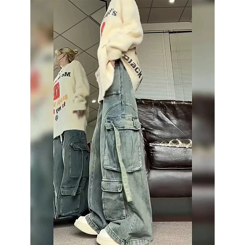 2000s High Waist Blue Cargo Jeans