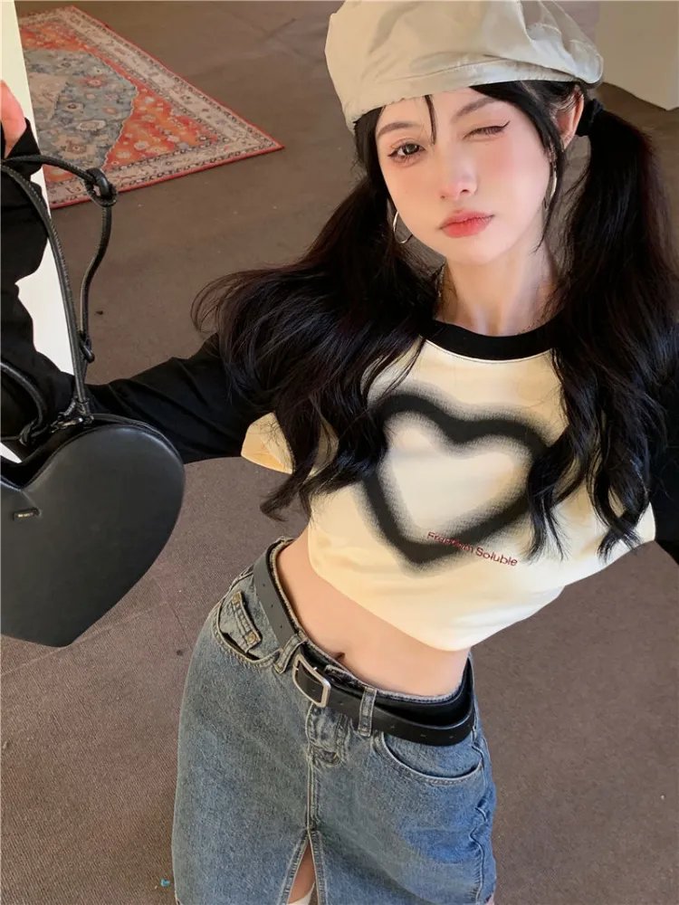 Heart Print long sleeve Tops