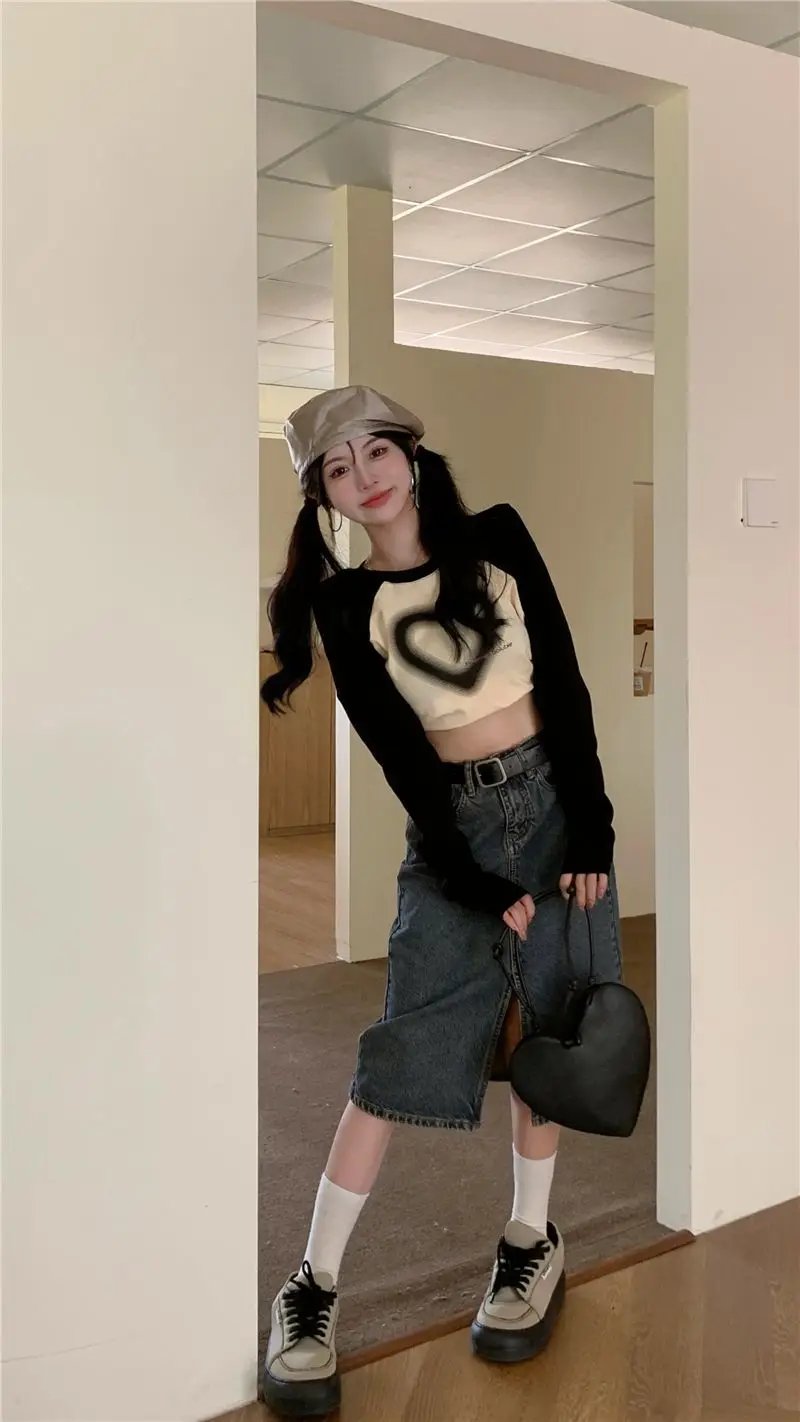 Heart Print long sleeve Tops