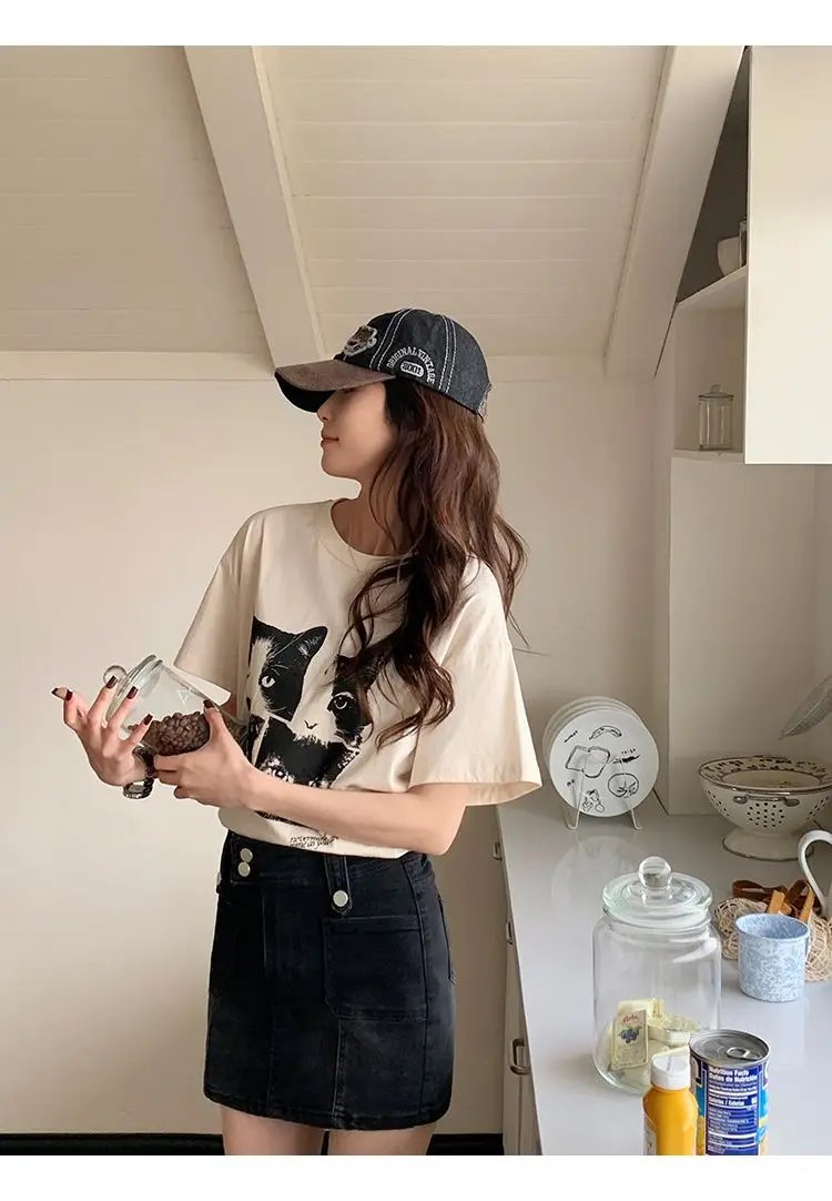 Cat Print Cotton T Shirt Cat Print Cotton T Shirt