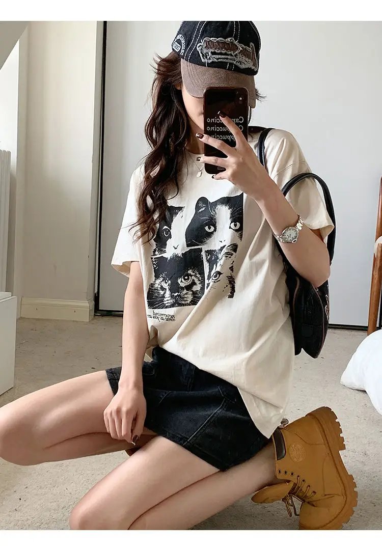 Cat Print Cotton T Shirt Cat Print Cotton T Shirt