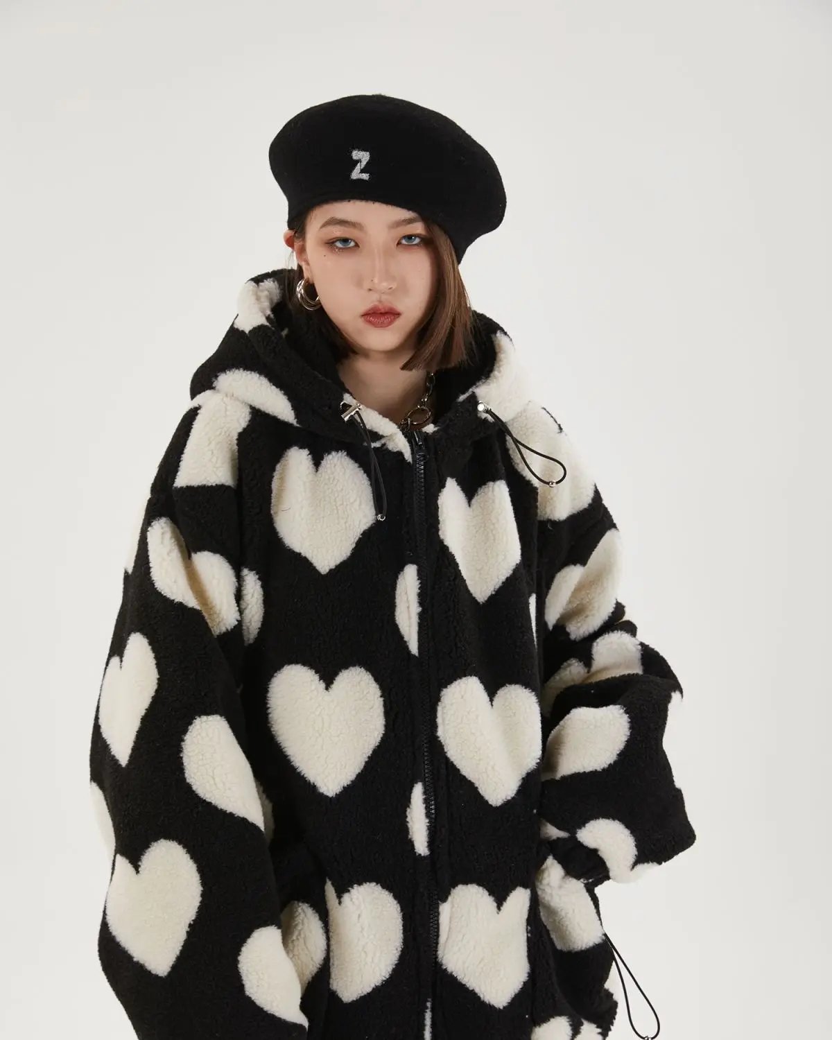 Heart Print Plush Hooded Cotton Coat Heart Print Plush Hooded Cotton Coat
