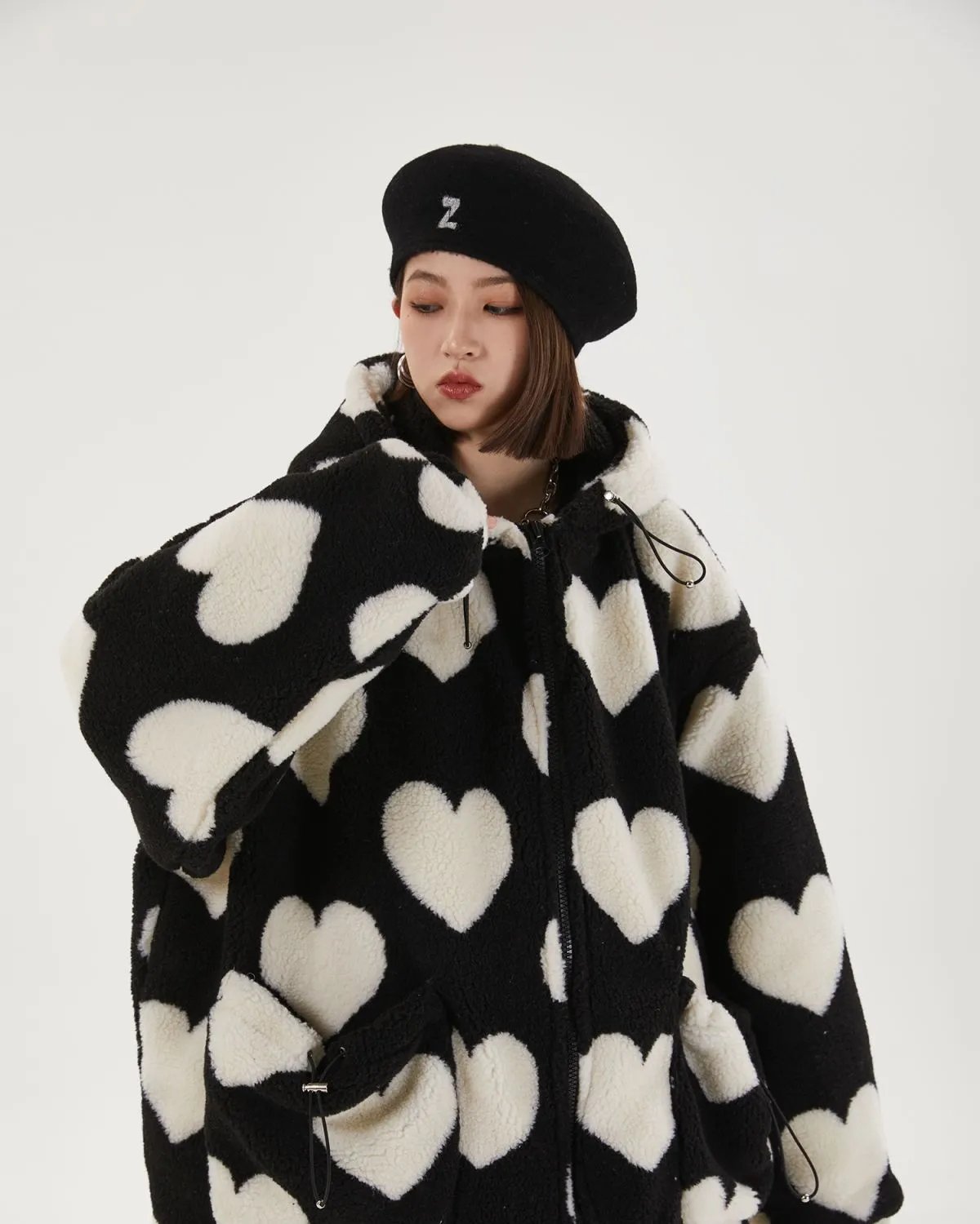Heart Print Plush Hooded Cotton Coat Heart Print Plush Hooded Cotton Coat