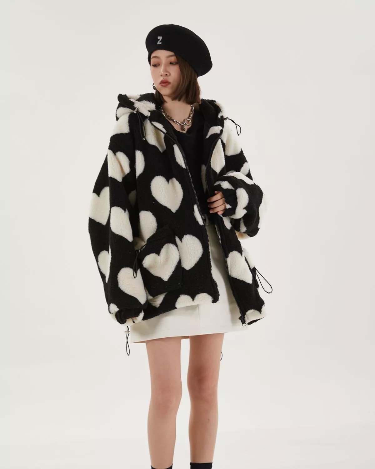 Heart Print Plush Hooded Cotton Coat Heart Print Plush Hooded Cotton Coat