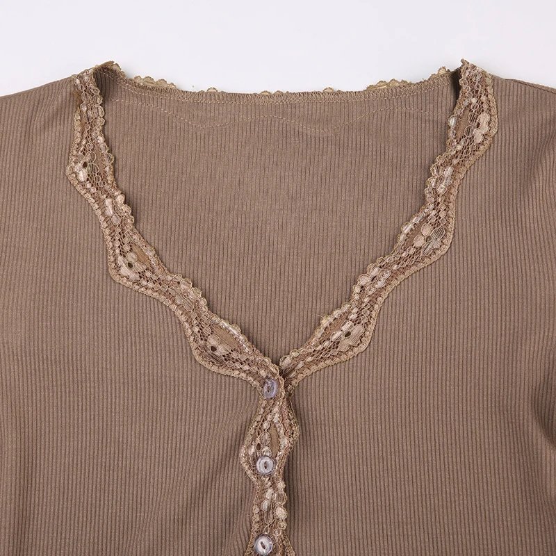 Lace V Neck Knit Button Up Tops