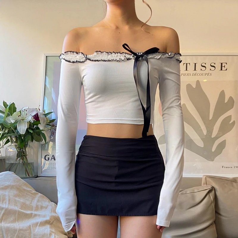 Chic Bow Off Shoulder Crop Tops