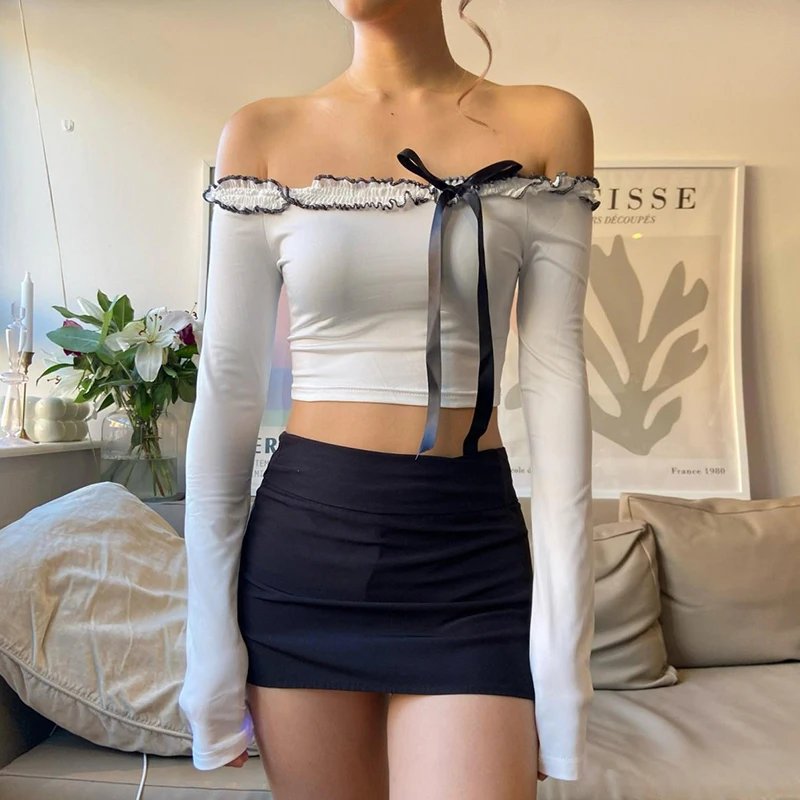 Chic Bow Off Shoulder Crop Tops