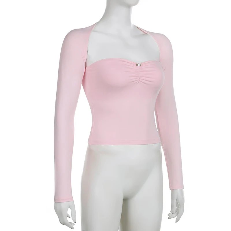 Pink Lace Trim Ruched Crop Top