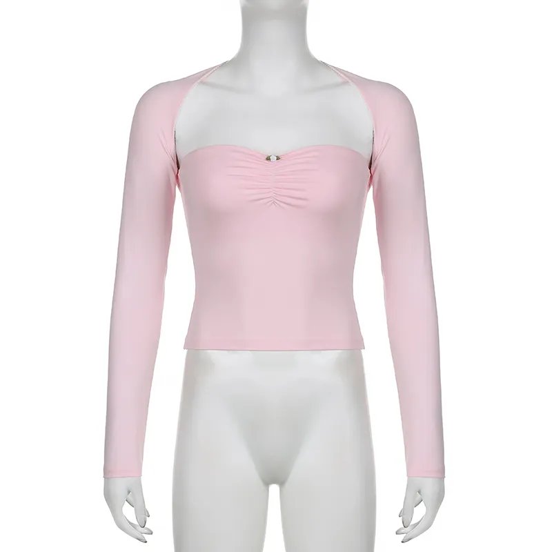 Pink Lace Trim Ruched Crop Top