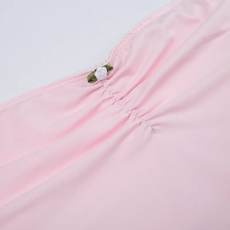 Pink Lace Trim Ruched Crop Top