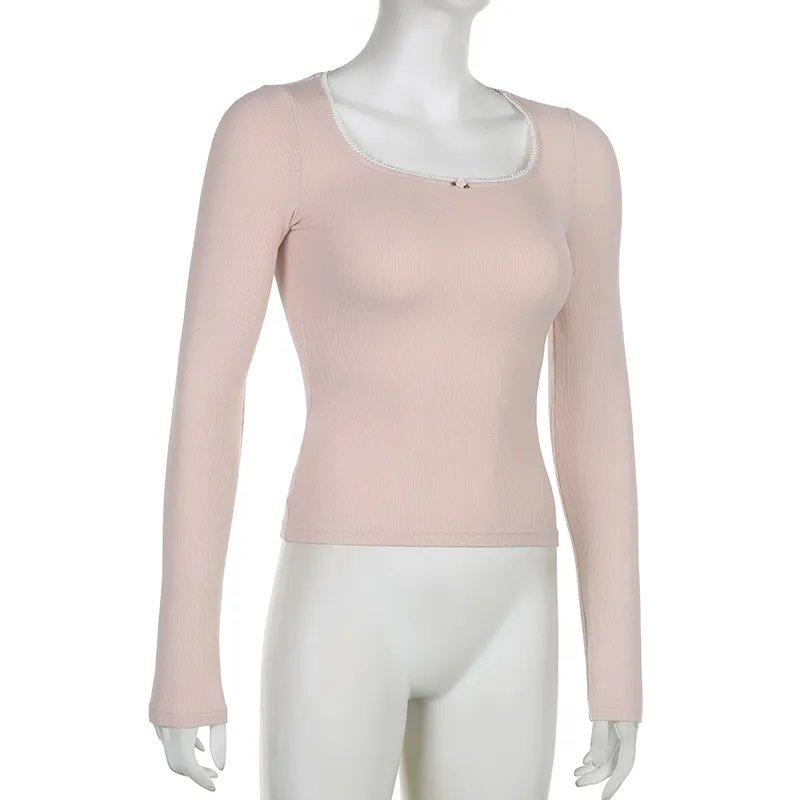 Pink Sweet Lace Trim Slim crop top