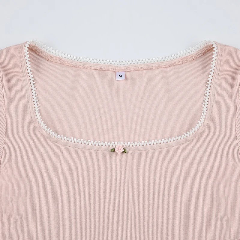 Pink Sweet Lace Trim Slim crop top
