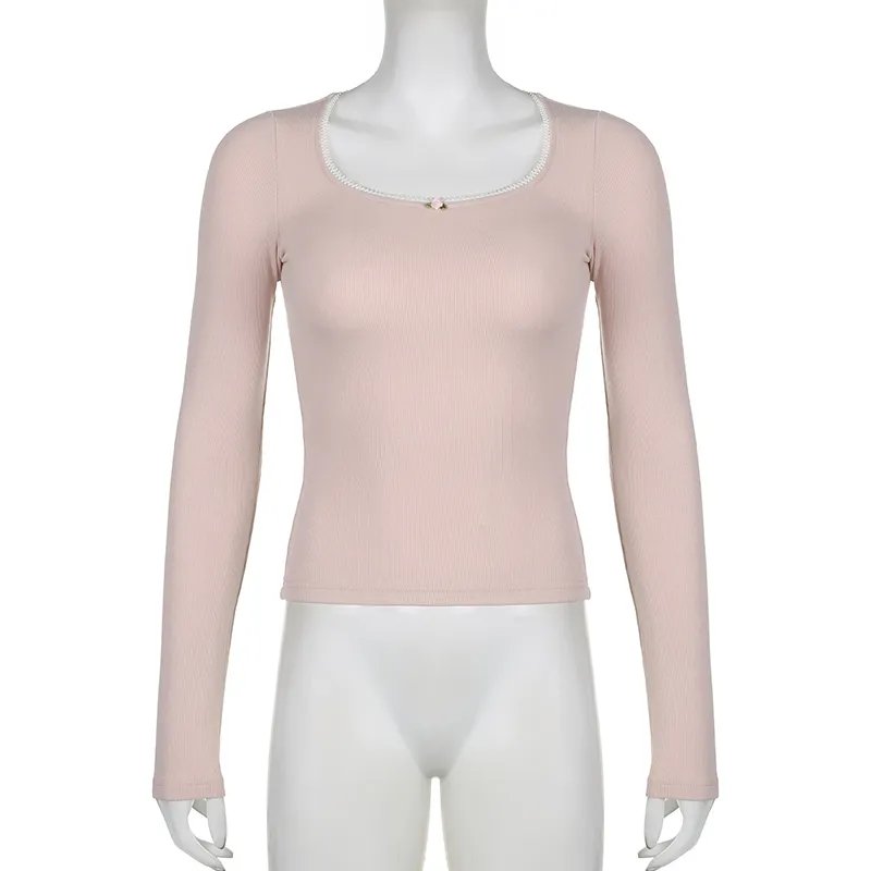 Pink Sweet Lace Trim Slim crop top