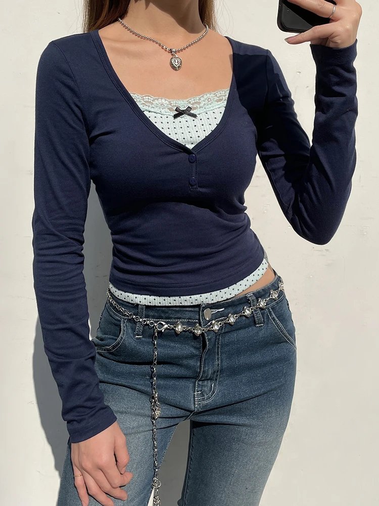 Lace Patched long sleeve Tops