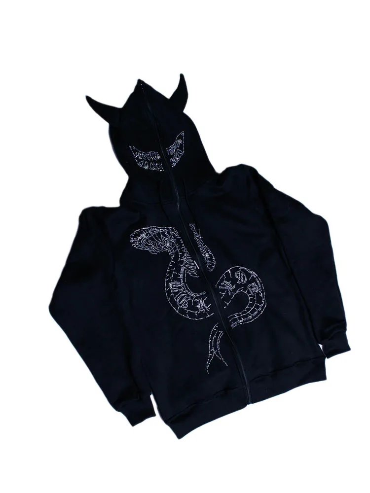 BIG PROMOTION Y2K Autumn and Winter Men's Halloween Fierce Ox Horn Casual Loose Coat Top Hot Diamond Long Sleeve Hooded Cardigan