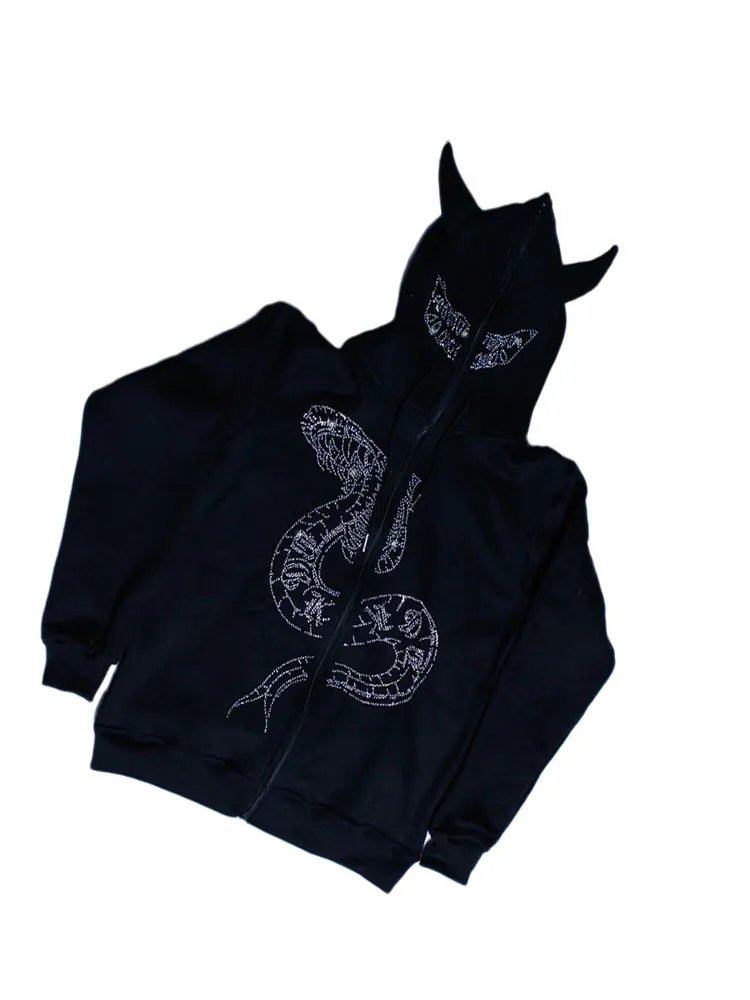 BIG PROMOTION Y2K Autumn and Winter Men's Halloween Fierce Ox Horn Casual Loose Coat Top Hot Diamond Long Sleeve Hooded Cardigan