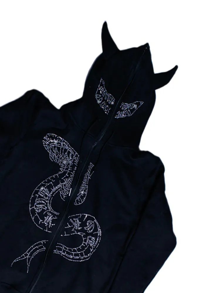 BIG PROMOTION Y2K Autumn and Winter Men's Halloween Fierce Ox Horn Casual Loose Coat Top Hot Diamond Long Sleeve Hooded Cardigan