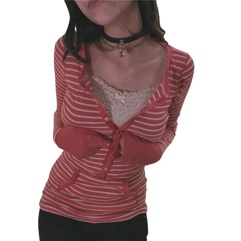 V Neck button Long Sleeve Stripe Shirts