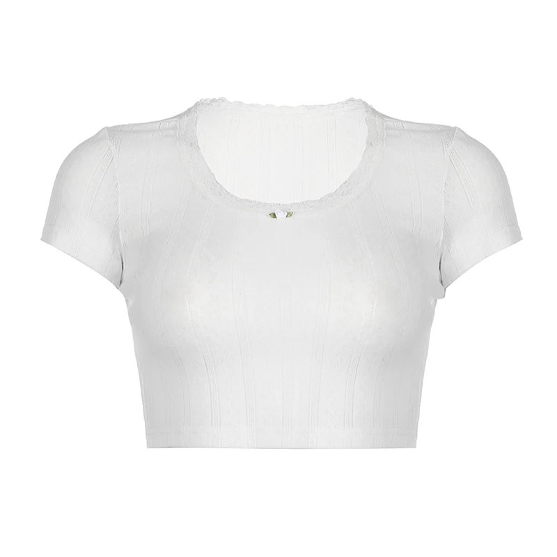 Lace Trim O Neck Solid Tees