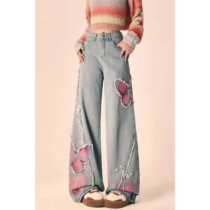 Butterfly Print Blue Straight Jeans