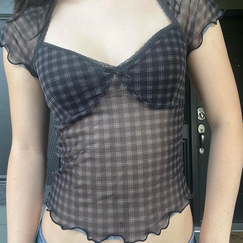 Flying Sleeves Fitted Plaid Crop Top