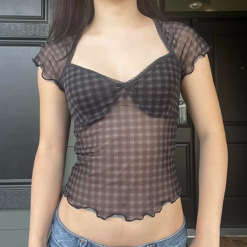 Flying Sleeves Fitted Plaid Crop Top