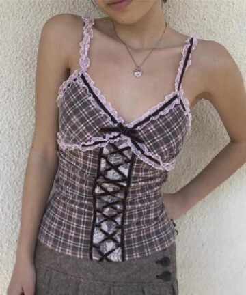 Lace Patchwork Plaid Print Tank Top