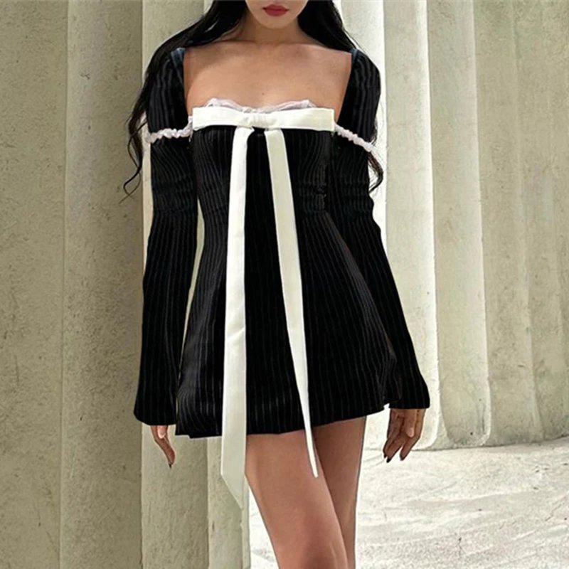 Bow Patchwork Long Sleeve Dress Bow Patchwork Long Sleeve Dress