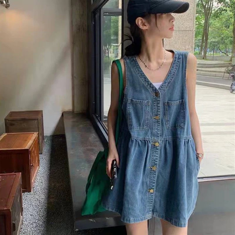 Single-Breasted Pockets Denim Dresses