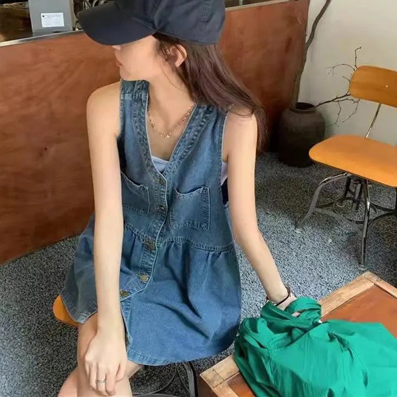 Single-Breasted Pockets Denim Dresses