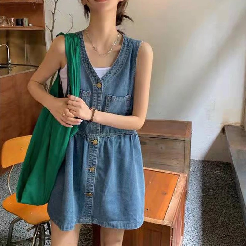 Single-Breasted Pockets Denim Dresses