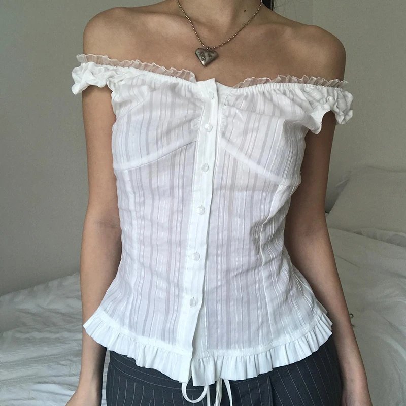 IAMHOTTY French Style Button-up Tank Top Women Chic Elegant Ruched Lace Stitching Slash Neck Camisole Cute Slim-fit Vest Y2K