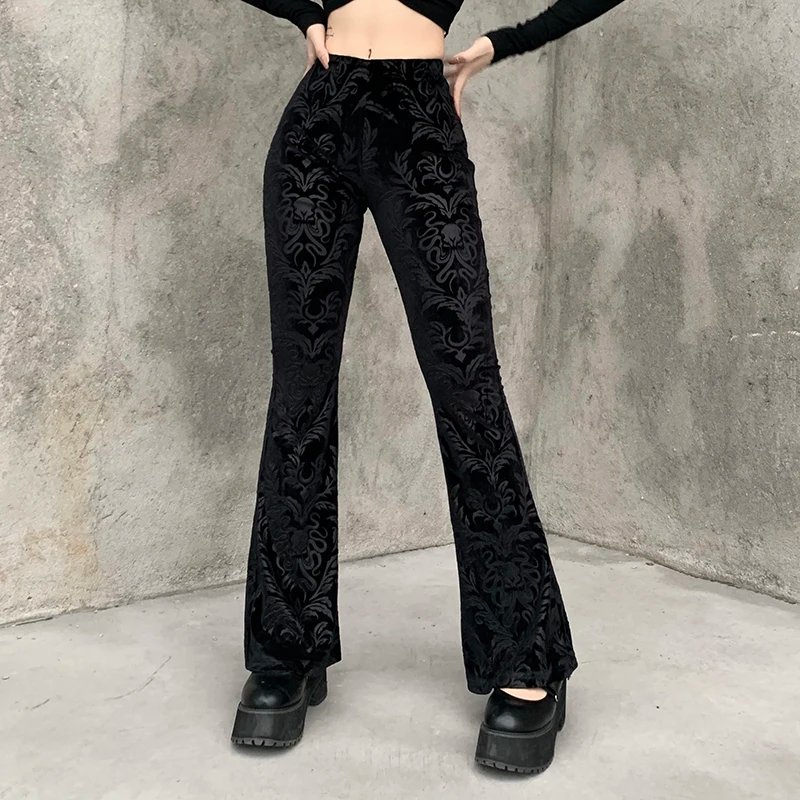 Gothic Black Lace Mesh Flared Pants