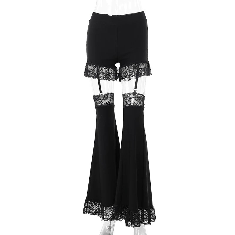 Gothic Black Lace Mesh Flared Pants