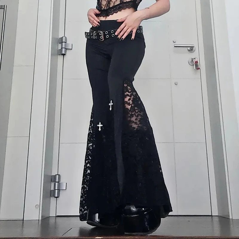 Gothic Black Lace Mesh Flared Pants