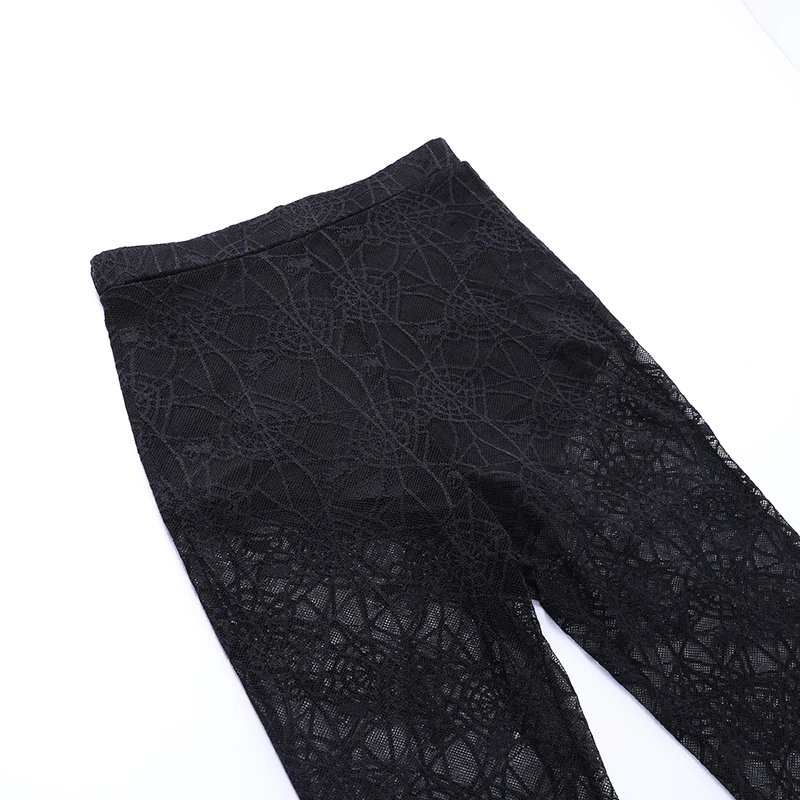 Gothic Black Lace Mesh Flared Pants