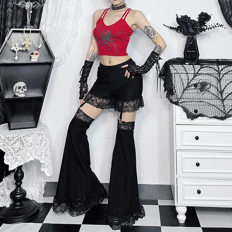 Gothic Black Lace Mesh Flared Pants