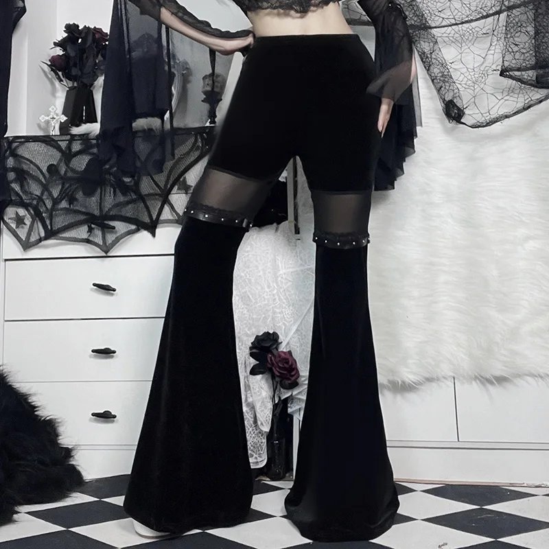 Gothic Black Lace Mesh Flared Pants