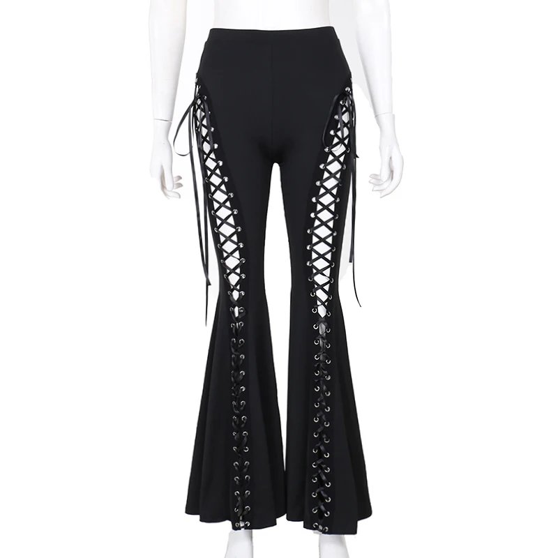 Gothic Black Lace Mesh Flared Pants