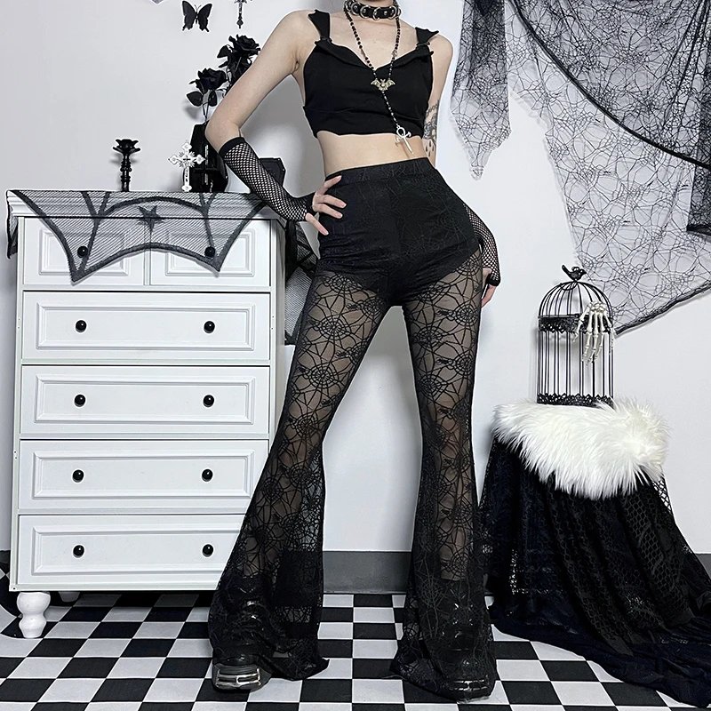 Gothic Black Lace Mesh Flared Pants