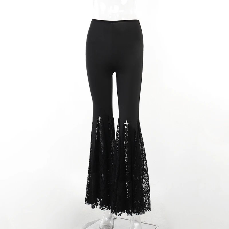 Gothic Black Lace Mesh Flared Pants